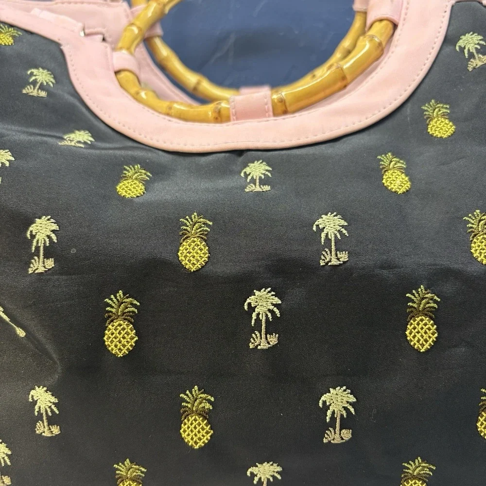 NEW YORK Dog Carrier Hand Held Embroidered Palm Trees Pineapple Bamboo Handle